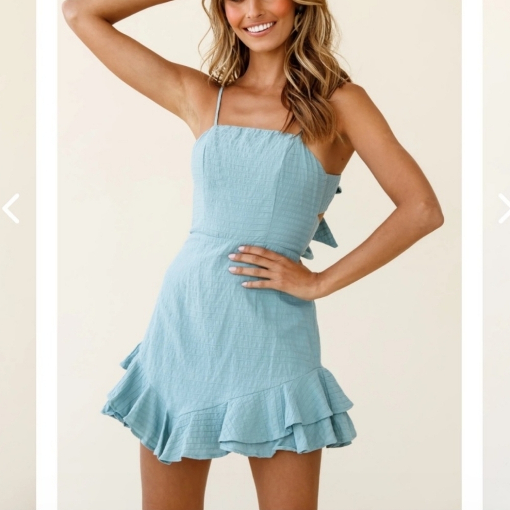 NWT Selfie Leslie Sarah Kay Double Bow Cotton Mini Dress Size XS Sage Ruffle Hem